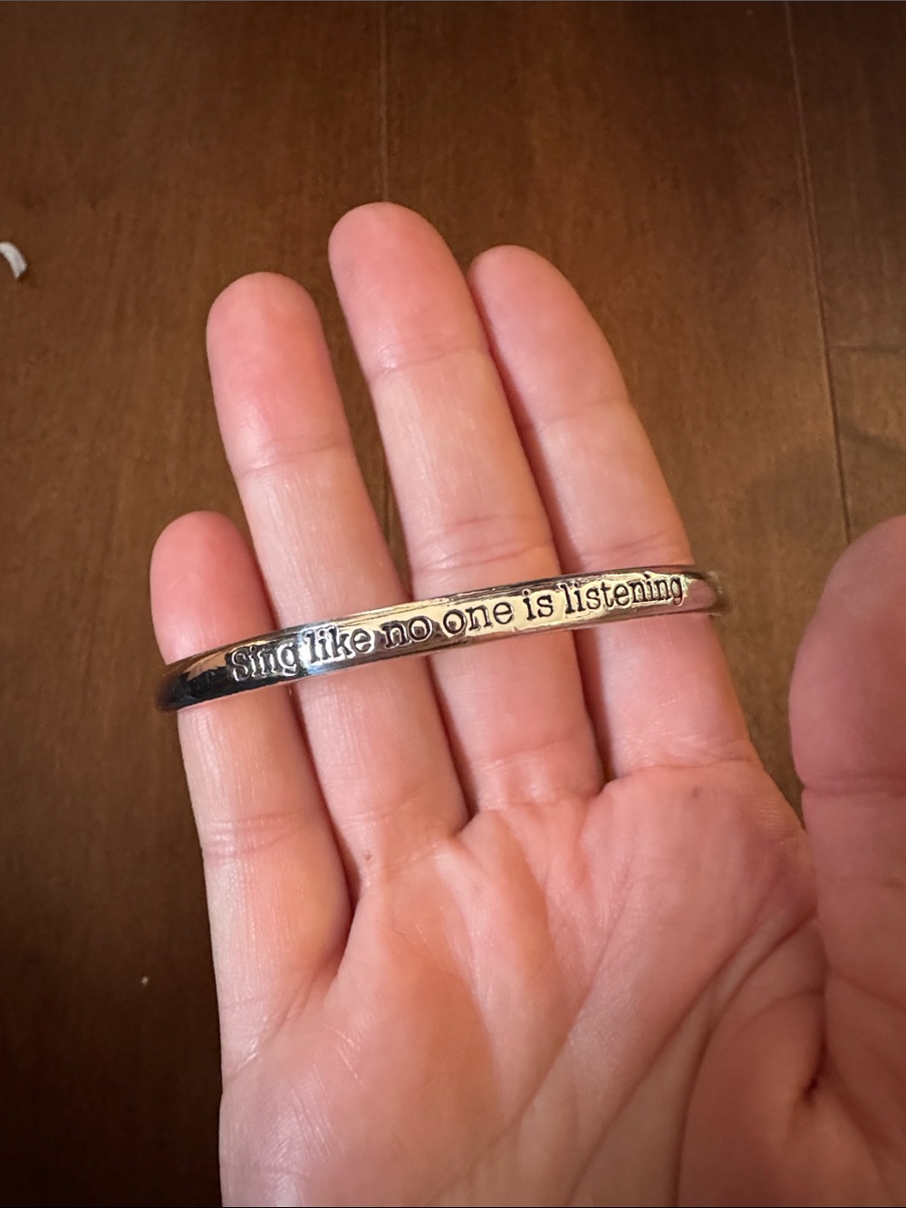 Engraved Silver Tone Cuff Bracelet — "Sing like no one is listening"